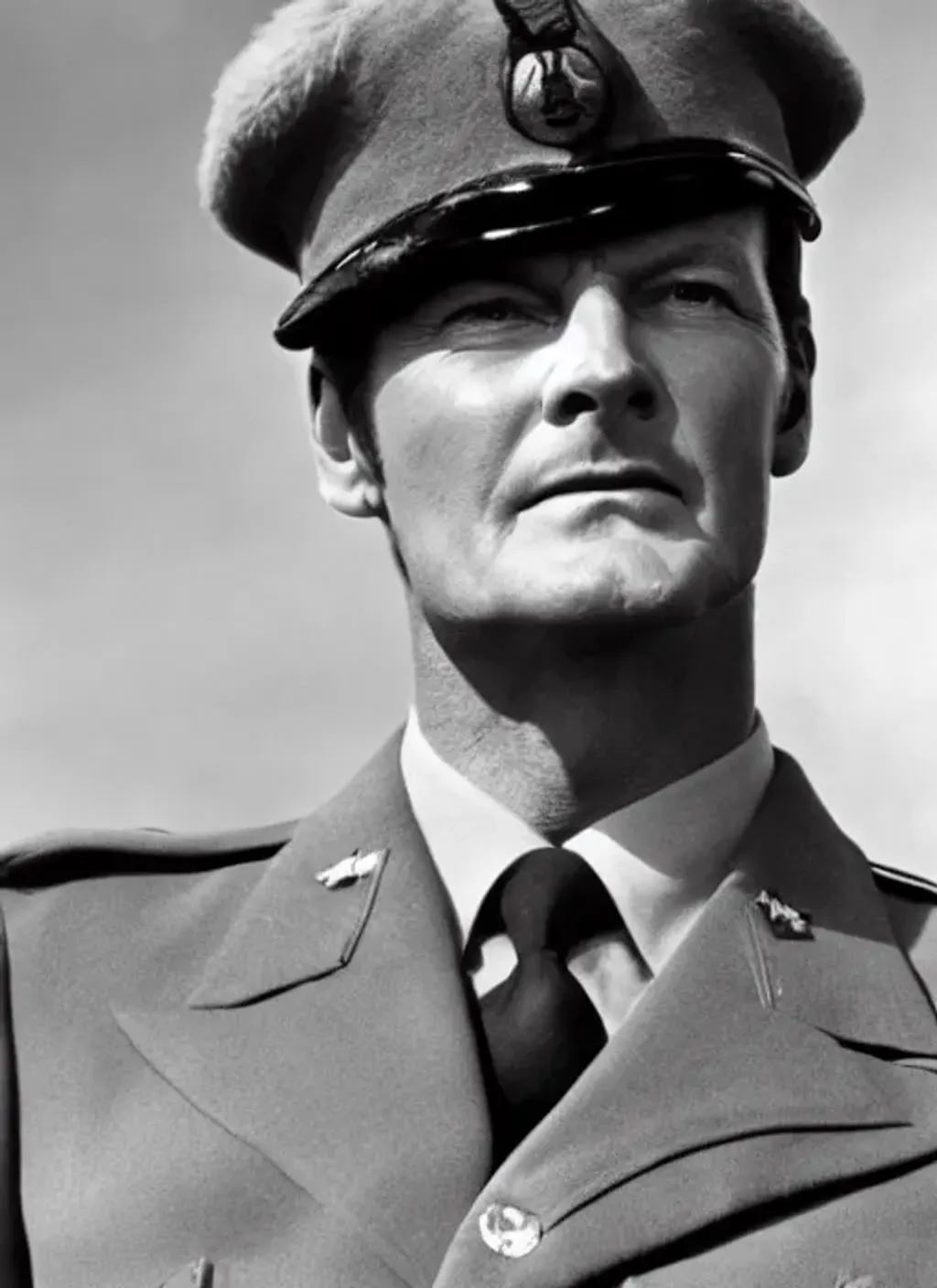Prompt: Photograph of Roger Moore as a soldier in World War II, black and white