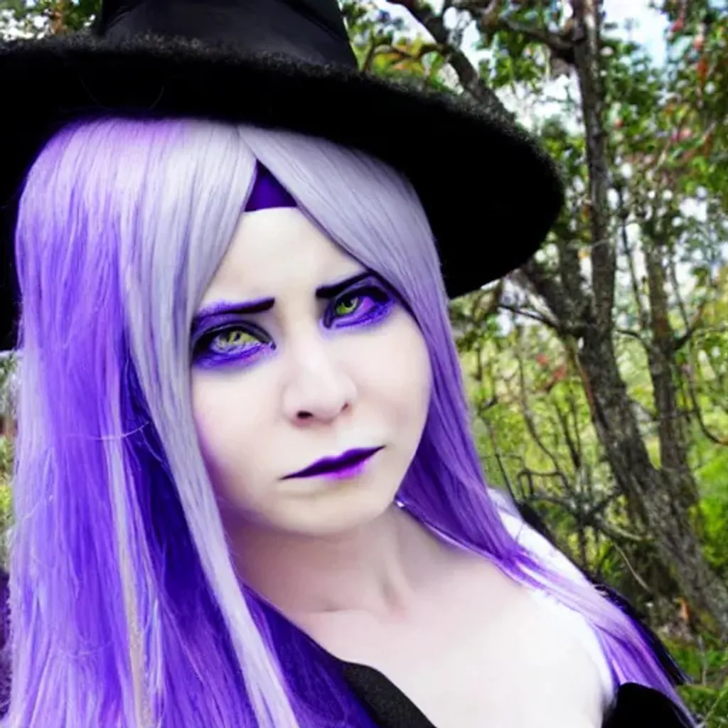 Prompt: A witch with purple clothes, white hair, neotenic purple eyes. photo realistic cosplay