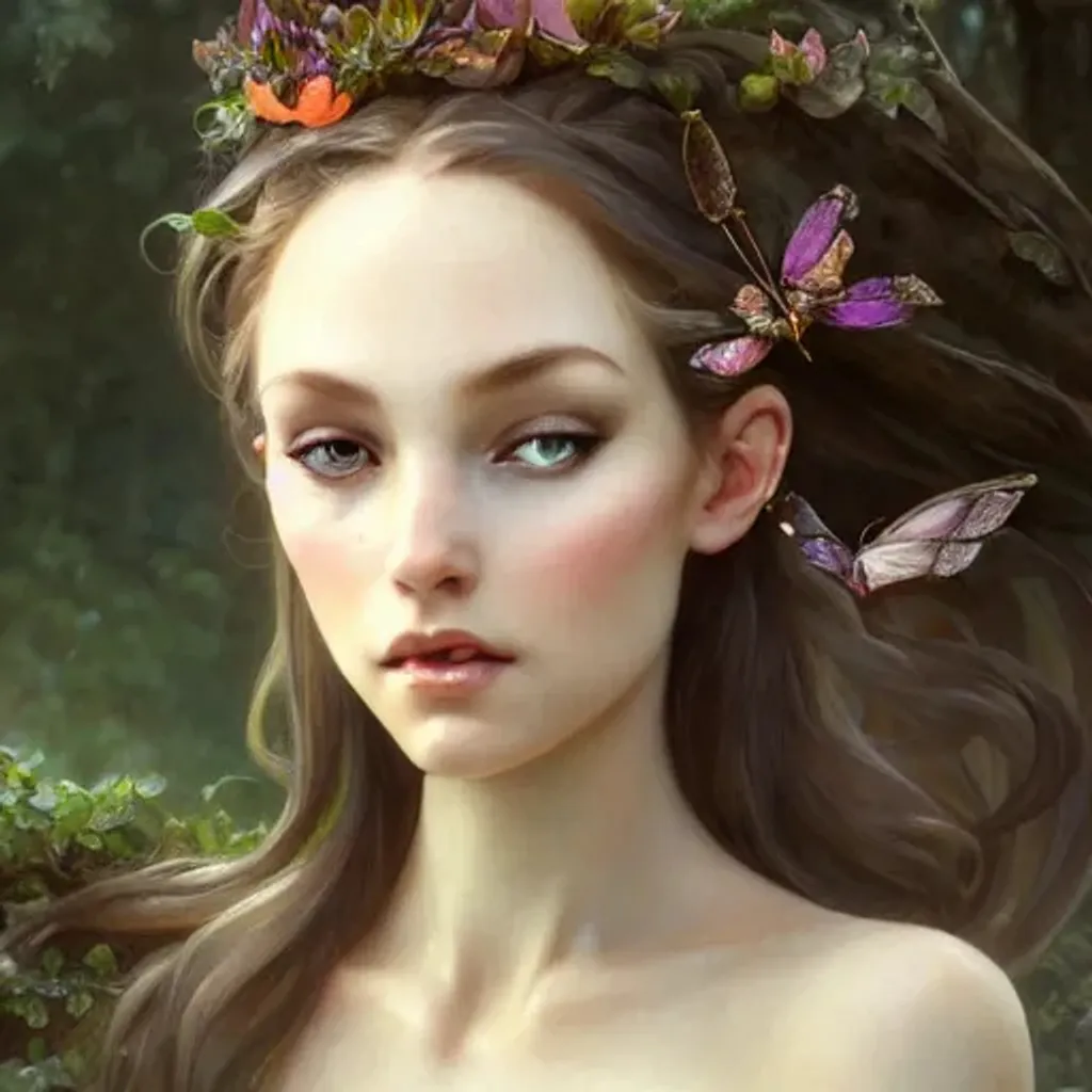 Prompt: Fairy queen, enchanted, delicate face, elegant, in the woods, highly detailed, digital painting, artstation, concept art, smooth, sharp focus, illustration, art by artgerm and greg rutkowski and alphonse mucha, 8k, detailed skin, ultra realistic, sharp features