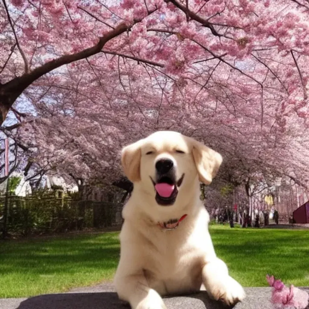 Prompt: dog surounded by cherry blossom