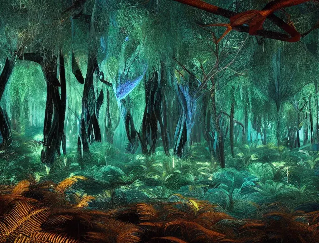 Prompt: scene still of avatar variety bioluminescent forest at night. 4 k cinematic cg weta weta weta
