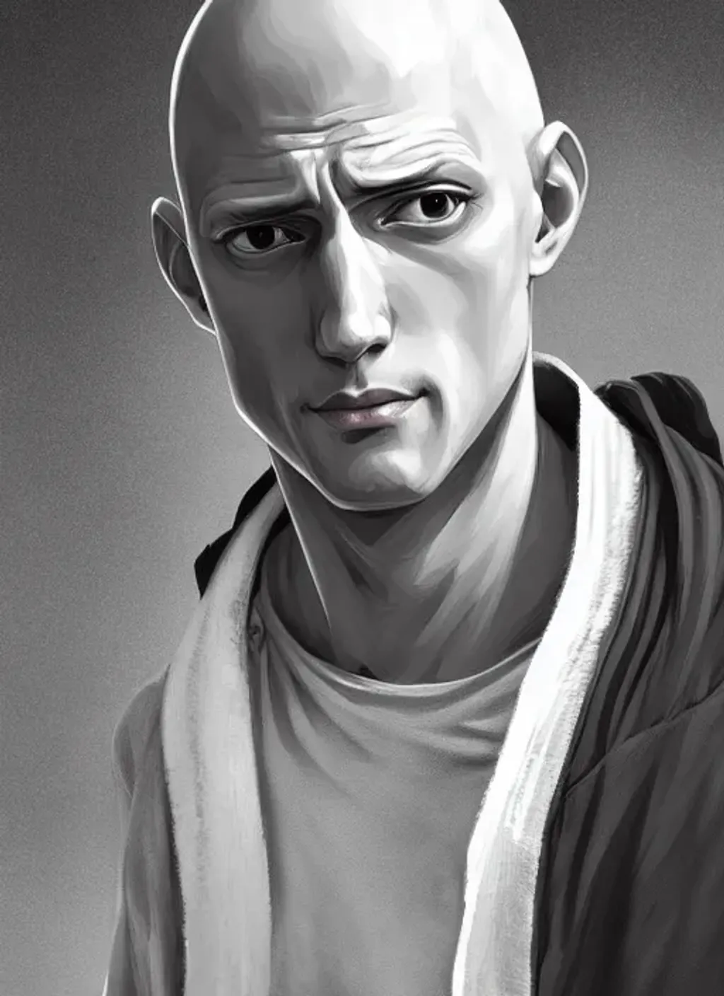 Prompt: handsome bald saitama, half body shot, path traced, cape, highly detailed, high quality, digital painting, alena aenami, lilia alvarado, shinji aramaki, karol bak, alphonse mucha, tom bagshaw