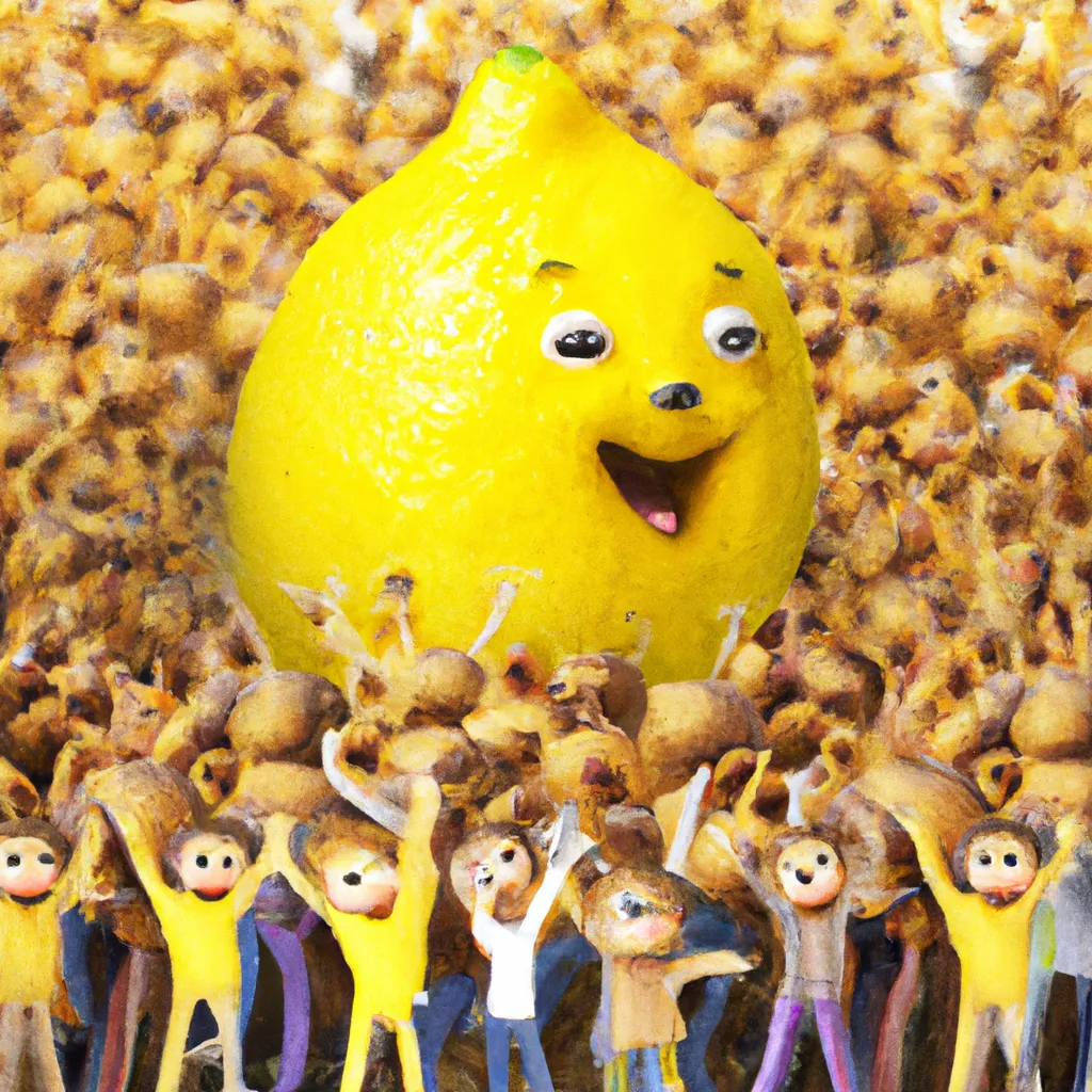 Prompt: 3-D, Photo-Realistic, Laughing Giant Lemon surround by huge crowd of cheering, dancing, lemon admirers
