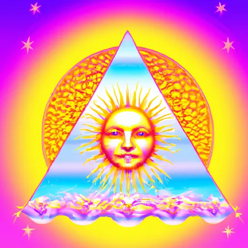 Prompt: sun with face acid trip alchemy, esoteric, hyperrealistic, vaporwave 90s ocean pyramid, Illuminati, cannabis, melting