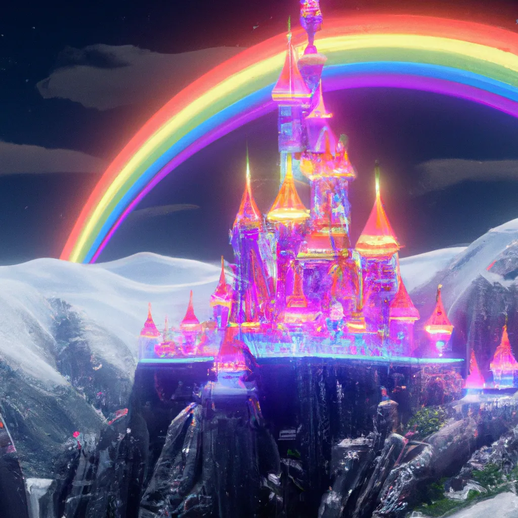 Prompt: an immense and splendid rainbow castle, full of rainbow luminiscent lights, on giant mountain, digital art, 32k, unreal engine, octane render