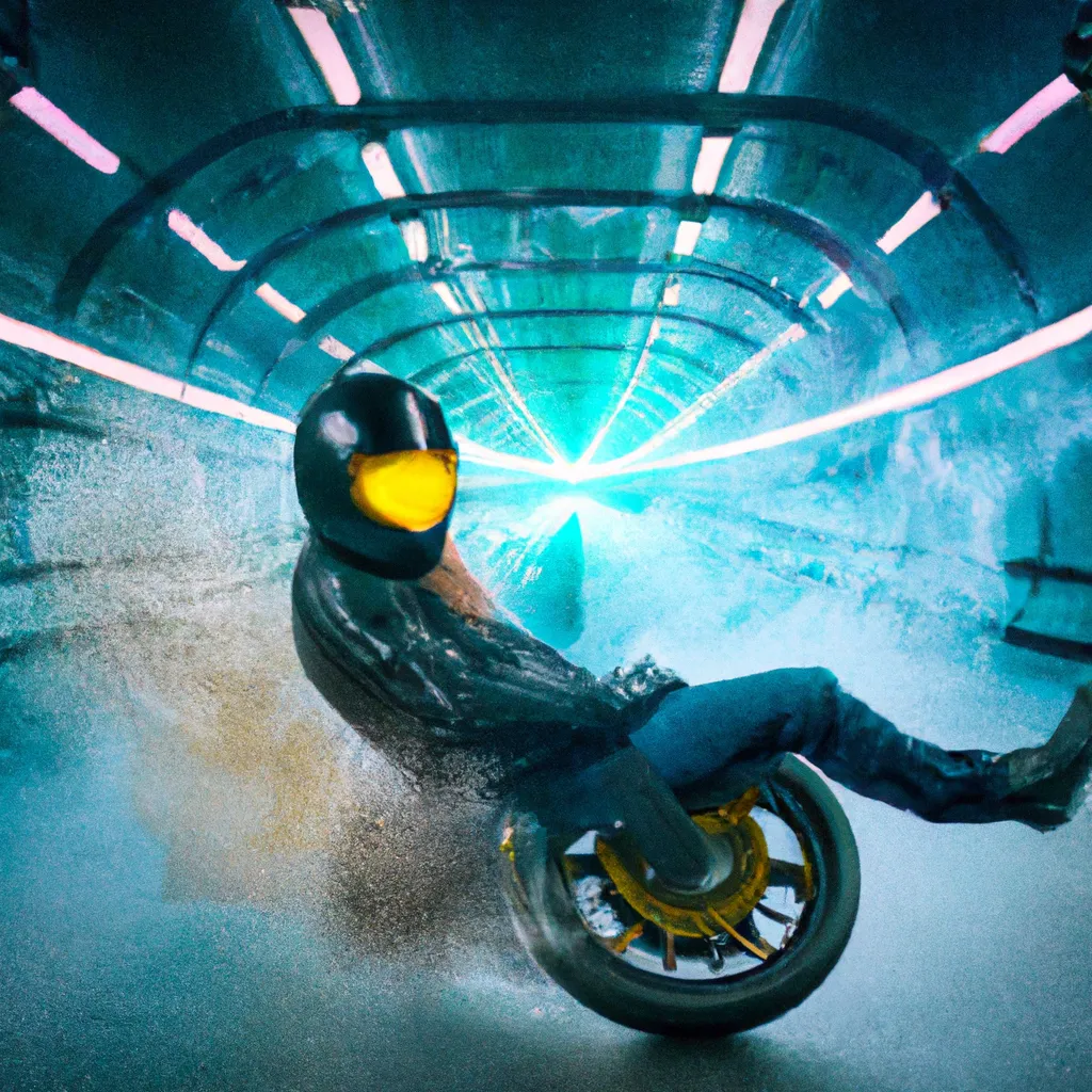 Prompt: Bearded lemon with limbs riding a futuristic motorcycle inside a tunnel, smoke eruption in the background. 