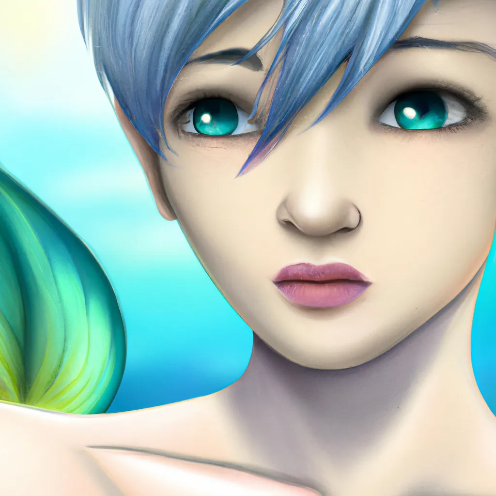 Prompt: Detailed illustration, Light blue skin mermaid, boyishly short cut blue hair, vivacious expression, wearing a tube top and gilet. Ears like fish fins are visible. golden aesthetic eyes. bright lighting, Beautiful seaside. High detail, fantasy atmosphere, character concept art from a popular video game.