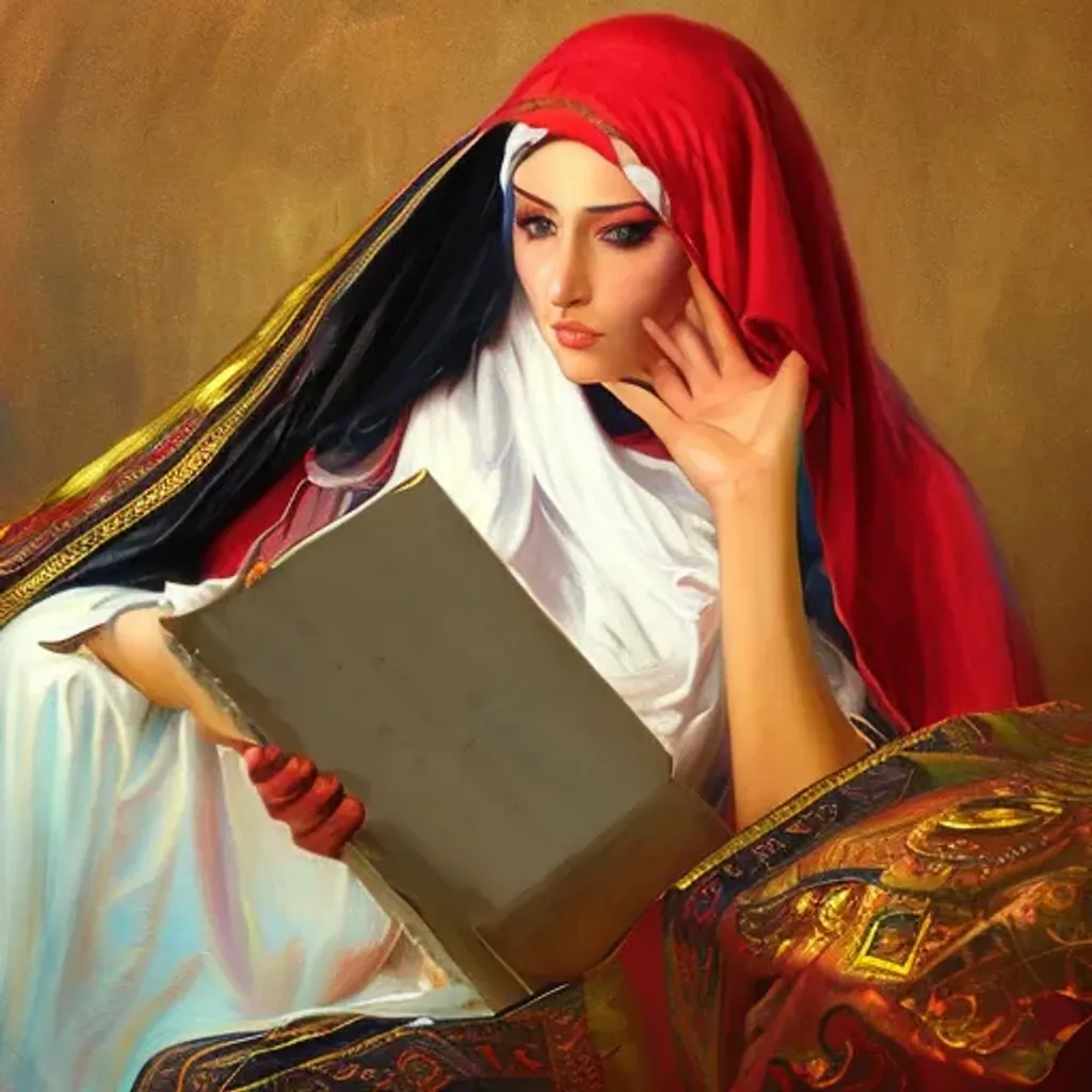 Prompt: A portrait of niqabi arabic gorgeous girl reading quran , ultrawide angle, uhybrid oil painting, unreal engine, rpg portrait, extremely detailed, artgerm, greg rutkowski, alphonse mucha, vladimir volegov, adolphe bouguereaum