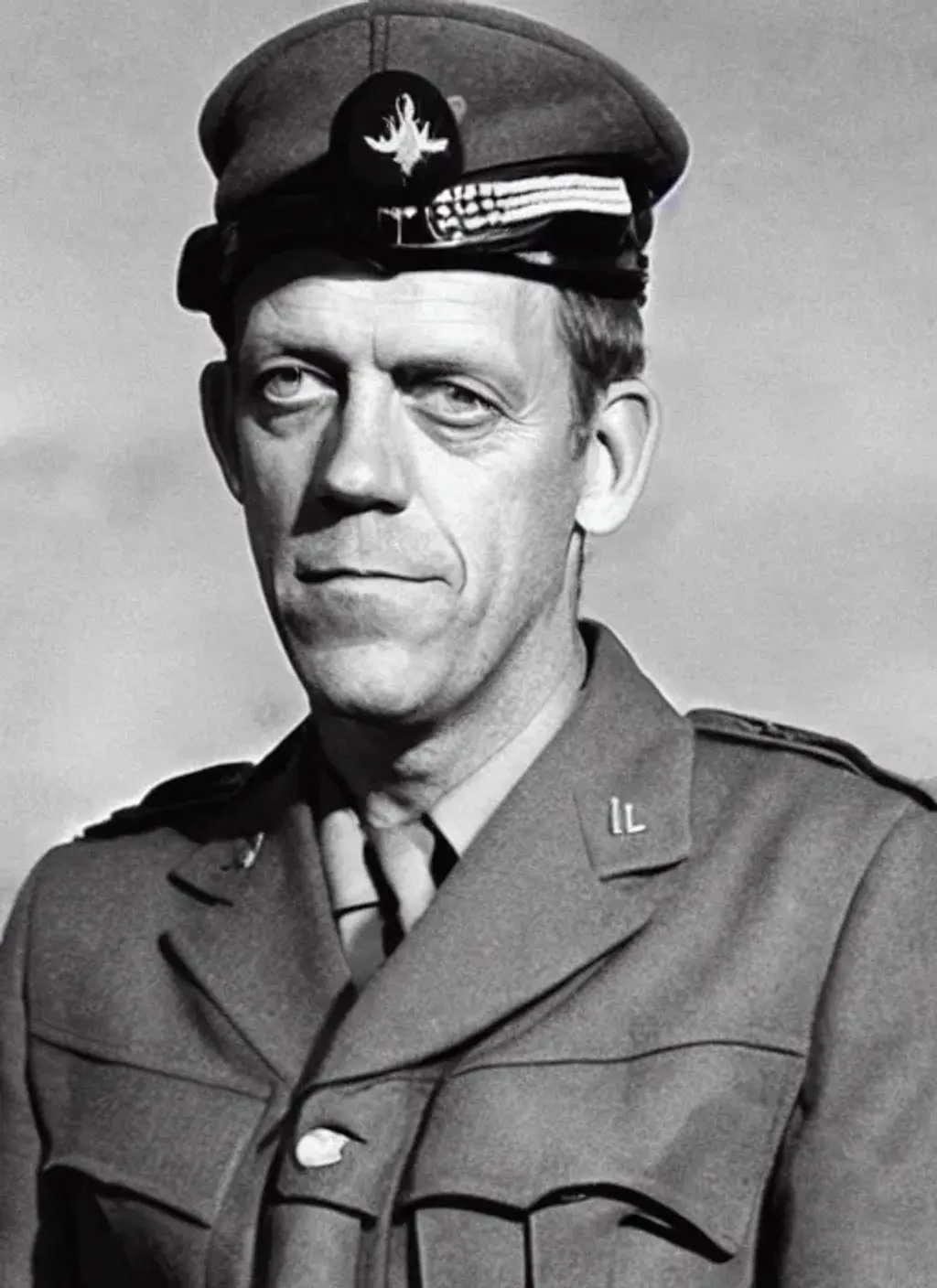 Prompt: Photograph of Hugh Laurie as a soldier in World War II, black and white