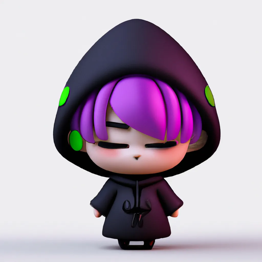 Prompt: a 3d cute octane render of a cute and adorable purple haired female character wearing a black cloak, sticker illustration, cute face, cute and chibi