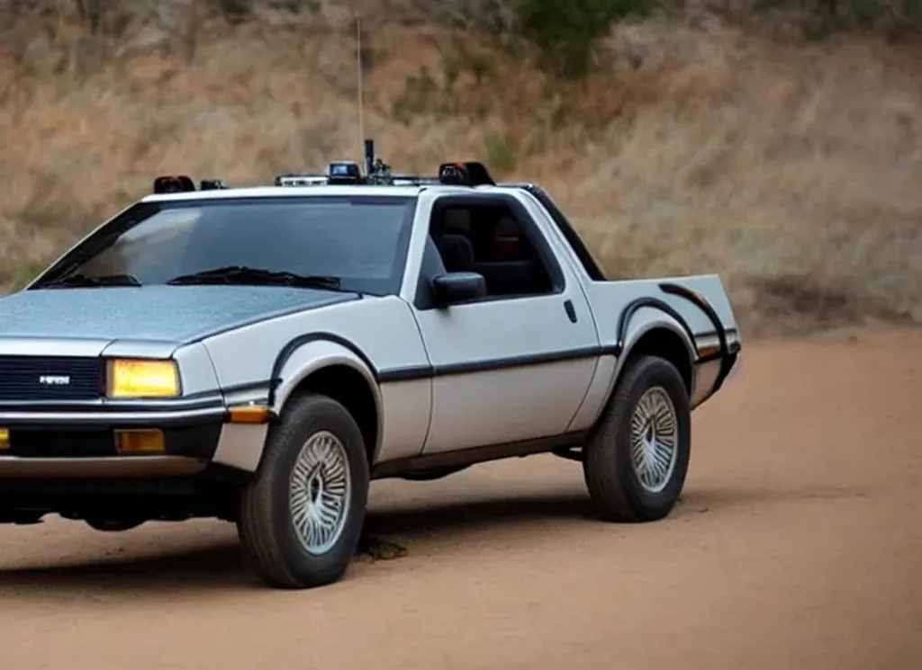 Prompt: A photograph of an bakkie inspired by the Delorean and Ford Mustang