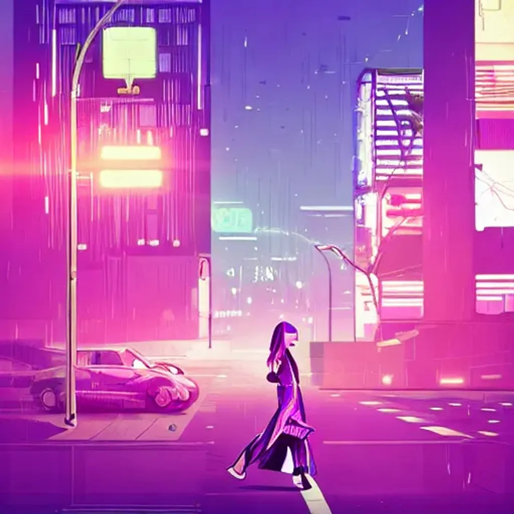 Prompt: abstract cyberpunk city, purple style, at night, teenage girl walking on street, streetlamp, 8k, trending on artstation