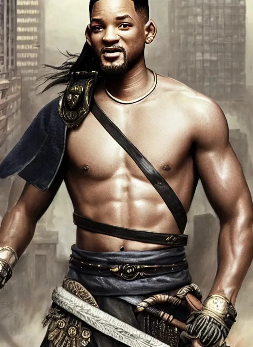 Prompt: Portrait of {23-year-old Will Smith as a warrior} with {black} hair and with cute face, {city}, perfect composition, hyperrealistic, super detailed, 8k, high quality, trending art, trending on artstation, sharp focus, studio photo, intricate details, highly detailed, by greg rutkowski