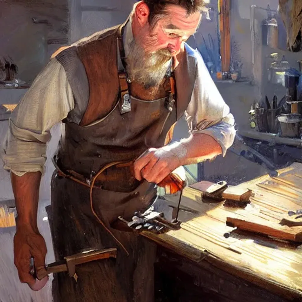 Prompt: Blacksmith, Man, Brown hair, brown apron, portrait, elegant, intricate, digital painting, artstation, concept art, smooth, sharp focus, illustration, art by konstantin korovin and daniel f. gerhartz and john howe
