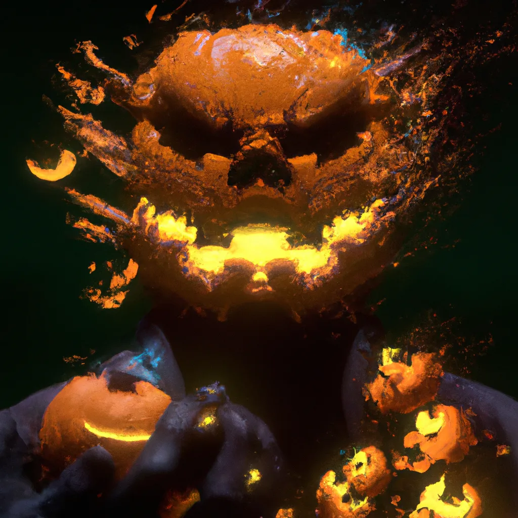 Prompt: a diffuse 3D brownian motion of soft glowy particles, out of the shadows we see more and more clearly a hyper realystic, full bodydynamic shot of Jack o' Lantern character appearing like a prophet of epic darkness, hard crisp texture, super heros, Comic books art, trending on Deviantart, digital painting by Lucas CorddaWork, Hypoflyse, jared krichevsky, and BillCreative and Ian Singh