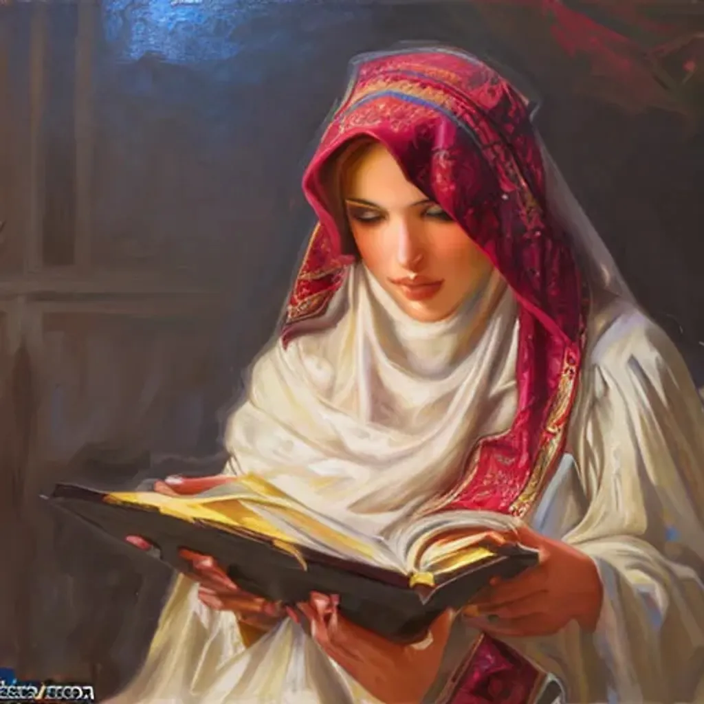 Prompt: A portrait of arabic gorgeous girl reading quran, ultrawide angle, uhybrid oil painting, unreal engine, rpg portrait, extremely detailed, artgerm, greg rutkowski, alphonse mucha, vladimir volegov, adolphe bouguereaum