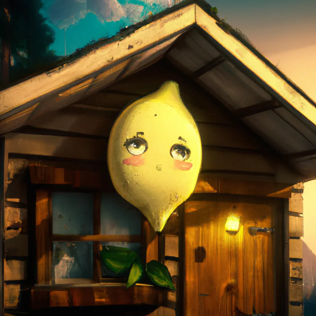 Prompt: big Cute lemon character by sanrio in a Cozy wooden house, A highly detailed matte painting beautiful sunset by studio ghibli, makoto shinkai, by artgerm, by wlop, by greg rutkowski, volumetric lighting