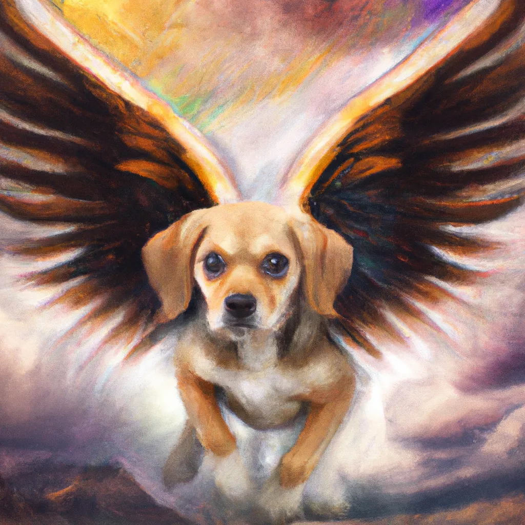 Prompt: Winged chihuahua beagle cross with large eagle wings flying through a thunder stormy sky, By John Williams Waterhouse, concept art, digital painting