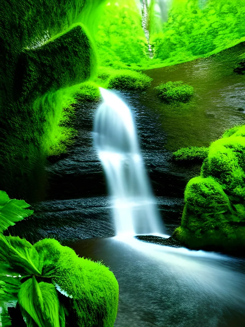 Prompt: Nature image, slow flowing waterfall filled with grey rocks, surrounded by green bushes and vines, wet, greens, greys, blues, highly detailed