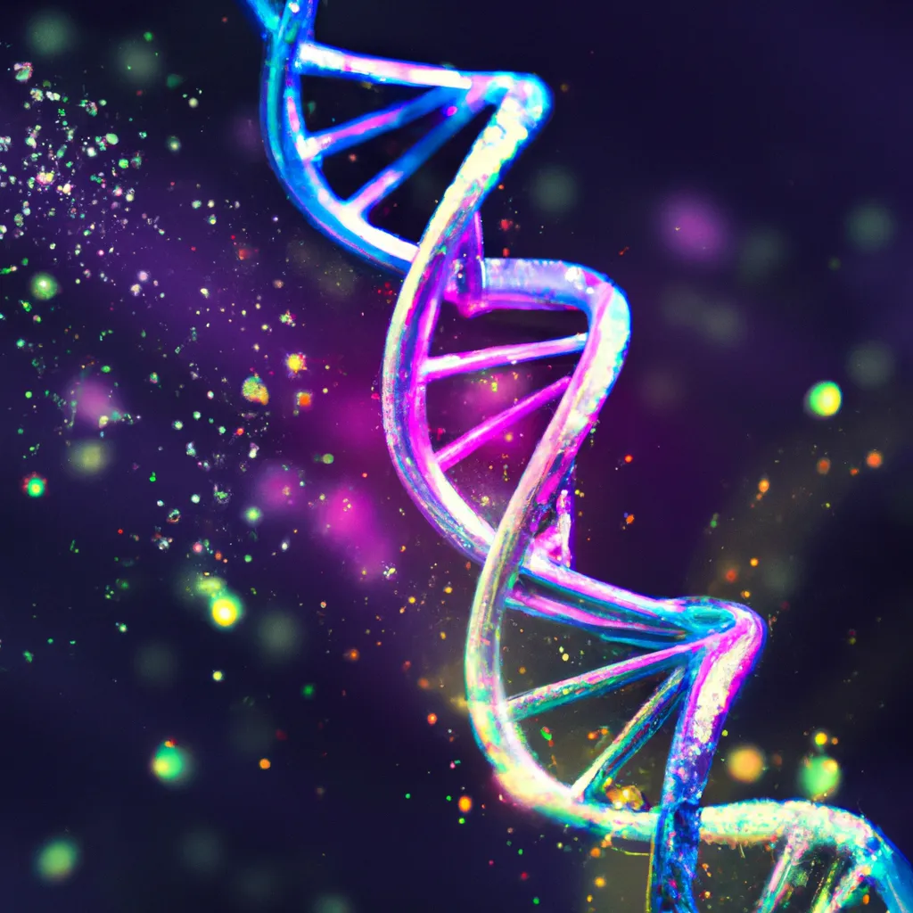 Prompt: DNA molecule.  Colorful, magical lights around it. Cosmic background
