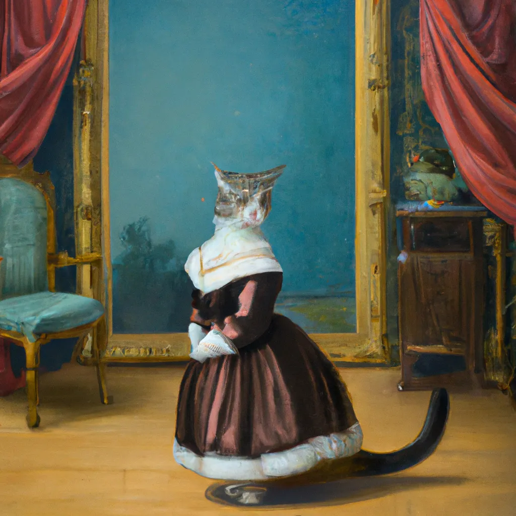 Prompt: 1800s painting a cat in dress in fancy livingroom