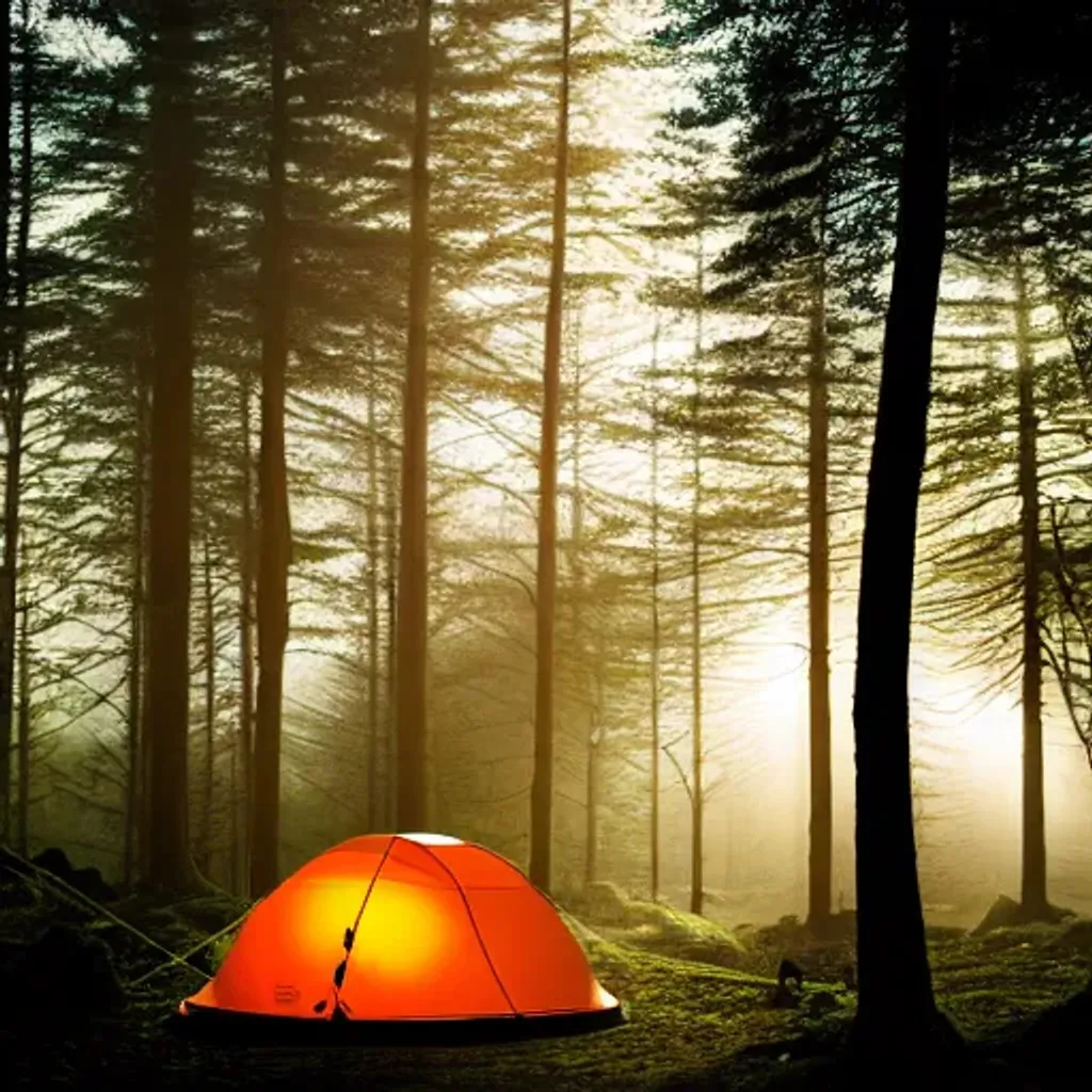 Prompt: Orange Solar tent in the middle of a forest, foggy environment, crepuscular light, dramatic scenery, moody