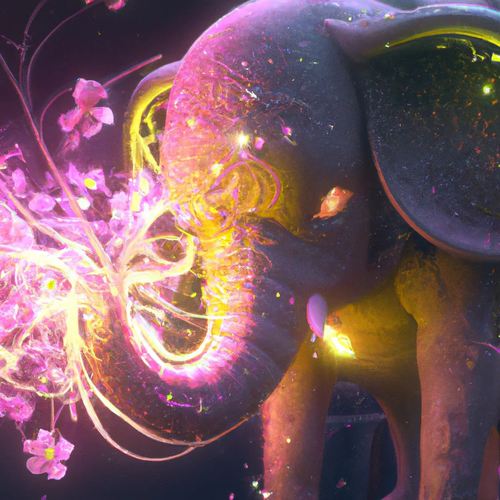 Prompt: Curvaceous Light bending cute furry elephant  covered in halogenic Nuclear flowers in the style of Bruce Pennington, Dali, Munch, Escher, Klarwein, Yamamoto, Hattori, Leyendecker, Mullins, Magritte | muted desaturated tones | dark background | ultra sharp focus | 3d octane render artstation trending 8k unreal engine | Avatar movie| Disney Pixar Dreamworks 