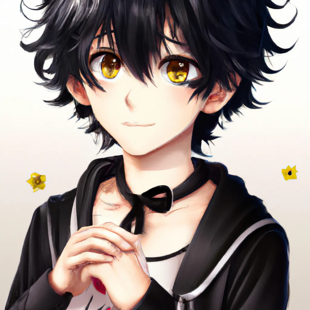 Prompt: cute anime boy, soft, shy, short boyish hair, wavy black fluffy hair, big amber eyes, orange eyes, detailed eyes, dog collar, cute!!, kawaii, kyoto animation, free anime, anime, animated, character design, character concept, trending online, 2010s anime, key visual, saturated, high quality, 8k, by Ryota, Rimmu, Ayumi, Kantoku, fantasy outfit, dog collar, digital Art, perfect composition, beautiful detailed intricate insanely detailed octane render trending on artstation, 8 k artistic photography, photorealistic concept art, soft natural volumetric cinematic perfect light, chiaroscuro, award - winning photograph, masterpiece, oil on canvas, raphael, caravaggio, greg rutkowski, beeple, beksinski, giger