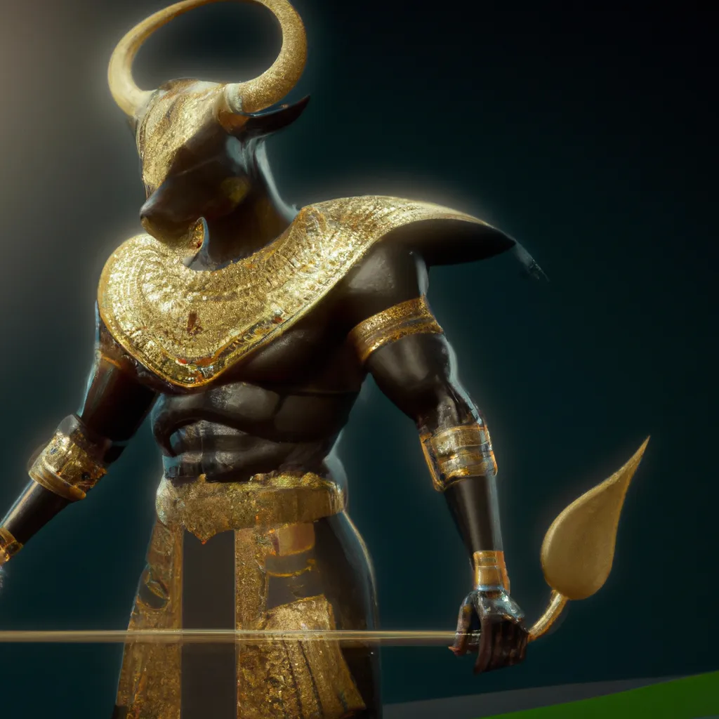 Prompt: A mystical minotaur egypt wearing gold and black armor with glowing runes inscribed onto its horns, hyperdetailed, HD, 4k, realistic