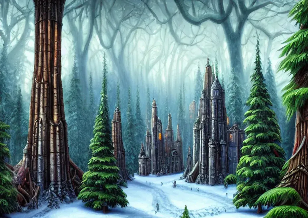 Prompt: An oil painting of a medieval elvish city built amongst the trunks of enormous evergreen trees. The city is in the middle of an endless forest. Snow is falling from a gray clouded sky. Natural lighting. high resolution. HDR. 