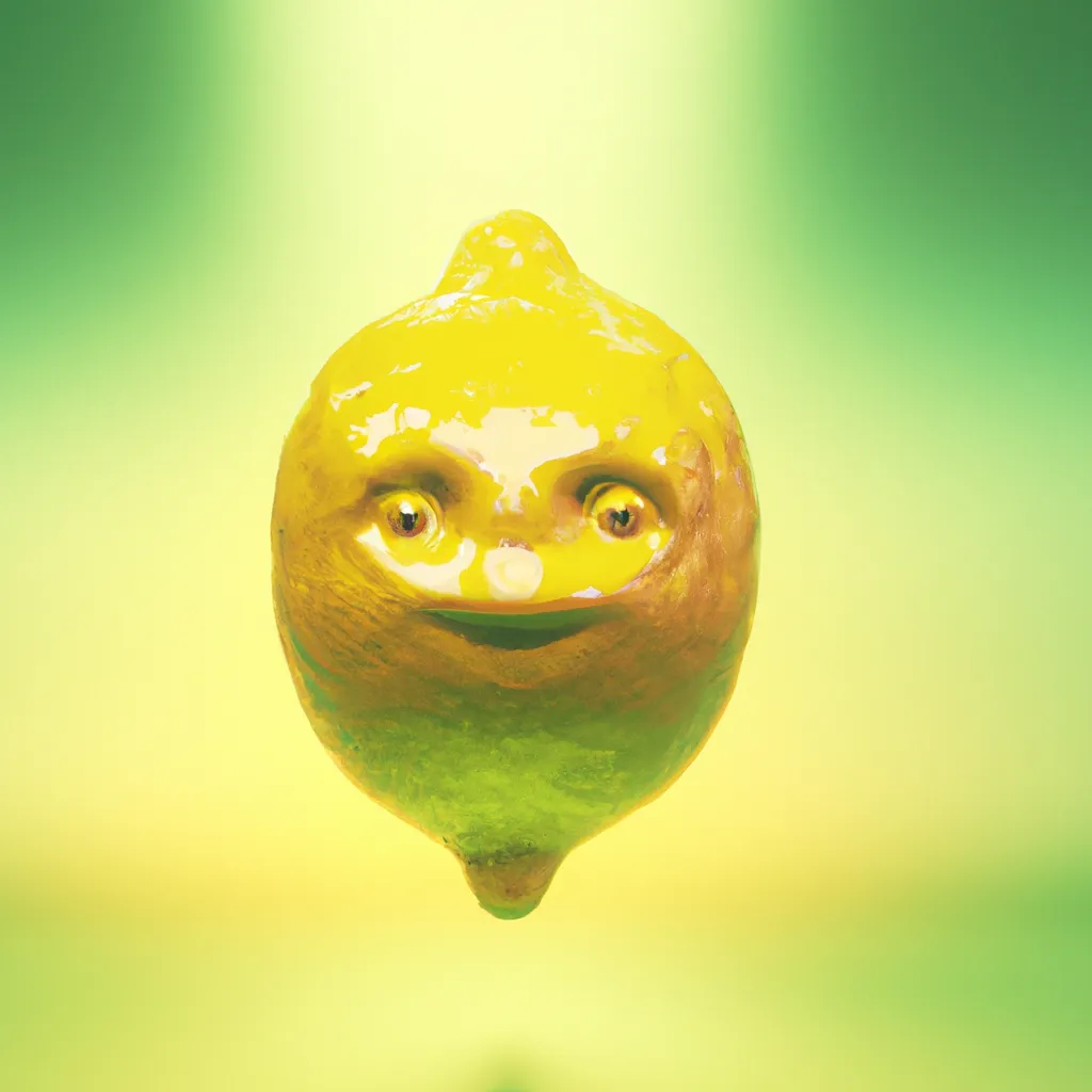 Prompt: 3d octane render of a lemon character, yellow holographic material