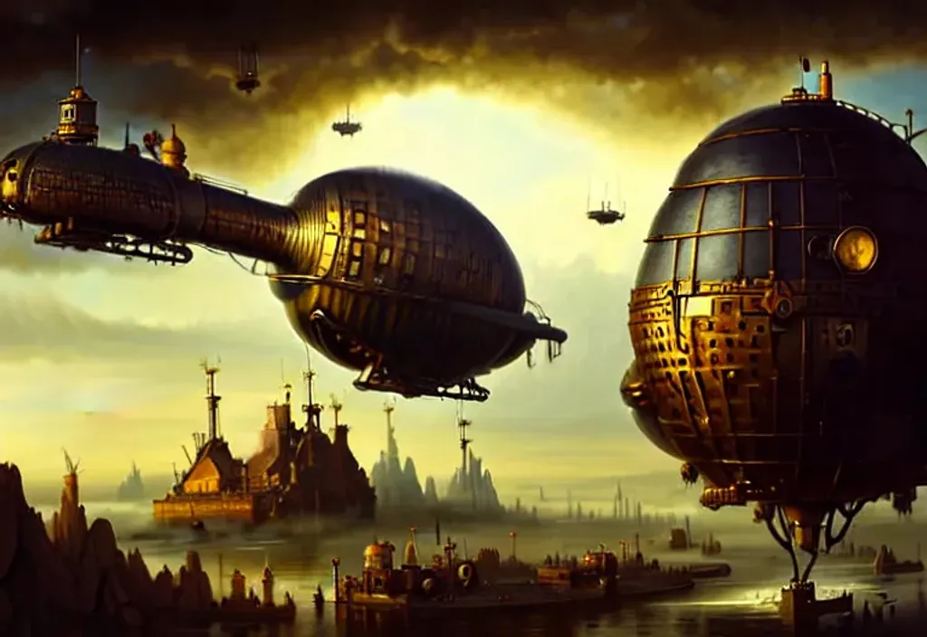 Prompt: "flying giant egg-shaped steampunk fortress surrounded by numerous airships, by Jacek Yerba, Epic cinematic brilliant stunning intricate meticulously detailed dramatic atmospheric maximalist digital matte painting"