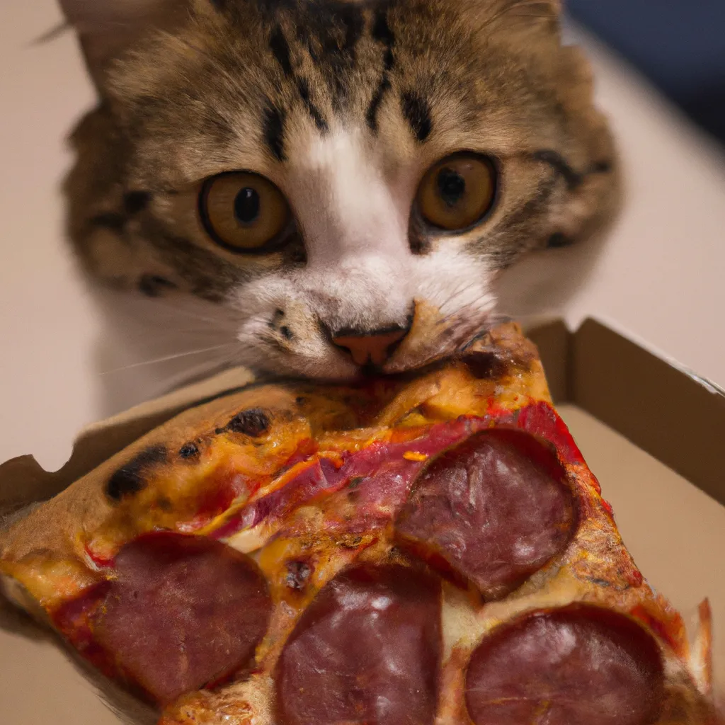Prompt: A cat eating pizza