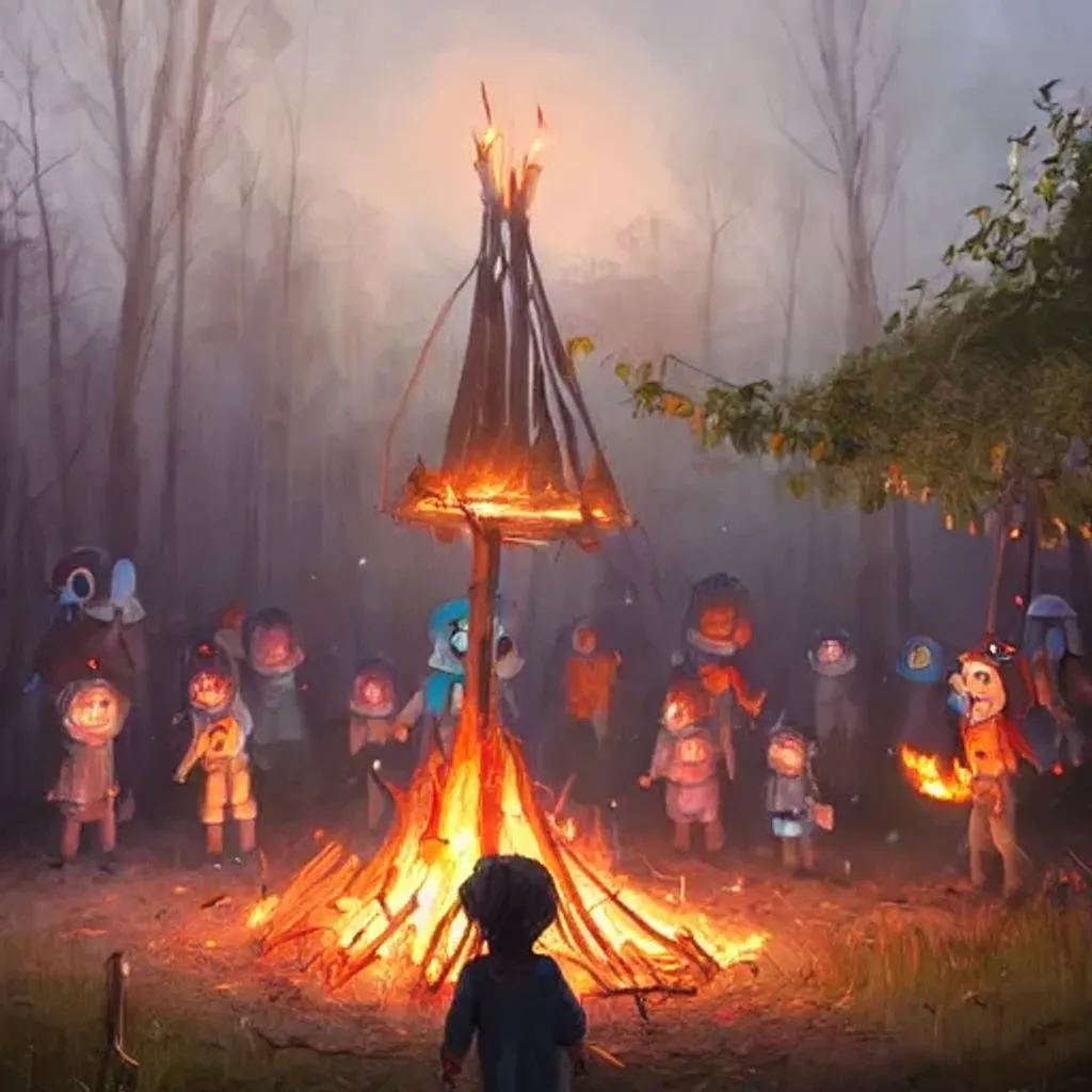 Prompt: eery ritual bonfire in children’s playground in night woods, subtly fun colors, hyperdetailed masterpiece by greg rutkowski, trending on artstation, centered, in frame, perfect composition