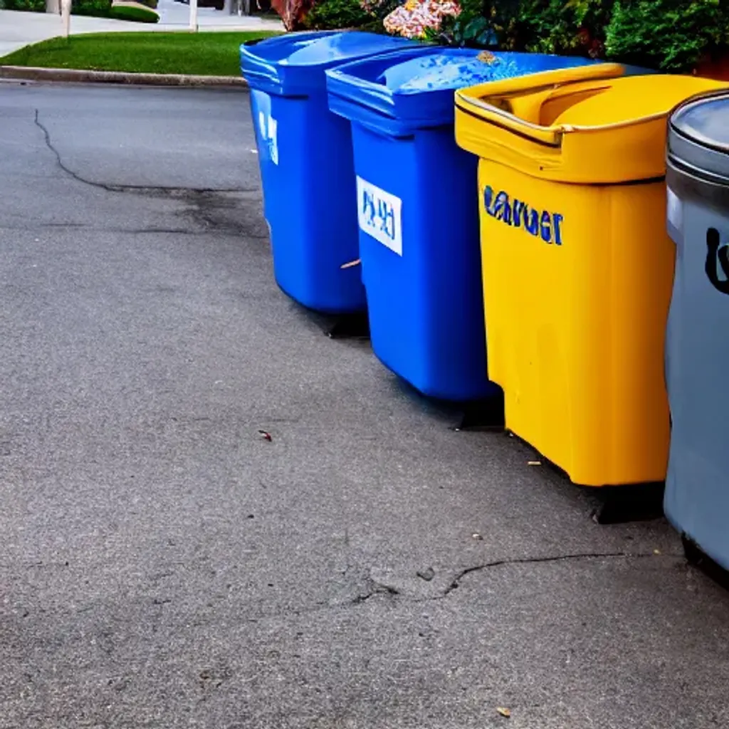 Prompt: Color splash, wide photo of a blue garbage can by the driveway in a suburban neighborhood, detailed, soft lighting 