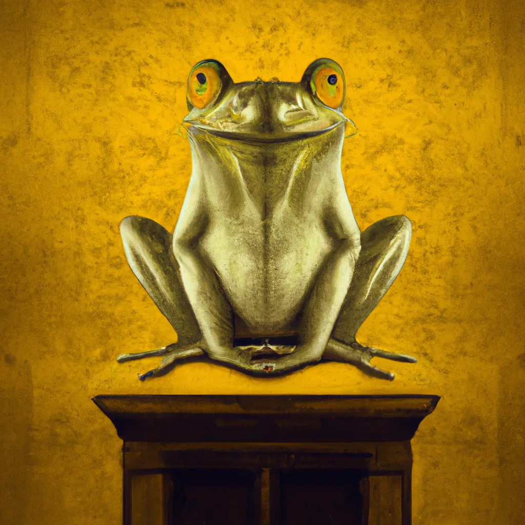 Prompt: grim portrait painting of a Detailed Frog on a tavern, symmetrical, medieval art, creepy, grotesque, yellow background, loneliness, nostalgic lighting, centered, 