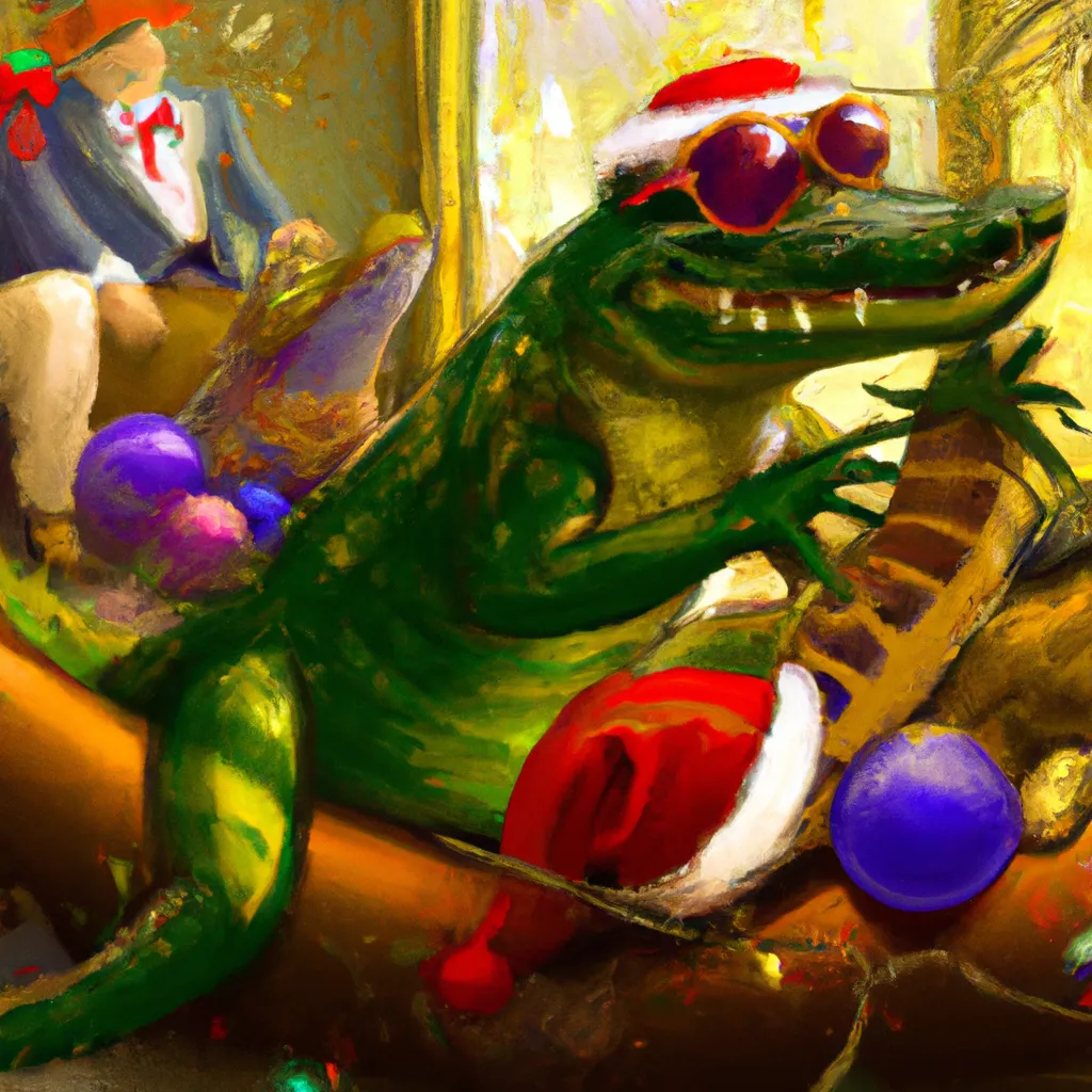 Prompt: digital art, art nouveau painting, by alphonse mucha, Christmasin the Bayou, Anthropomorphism alligator band, Christmas decorations, cinematic colors, cheery, fantasy, cgi, rendered in maya