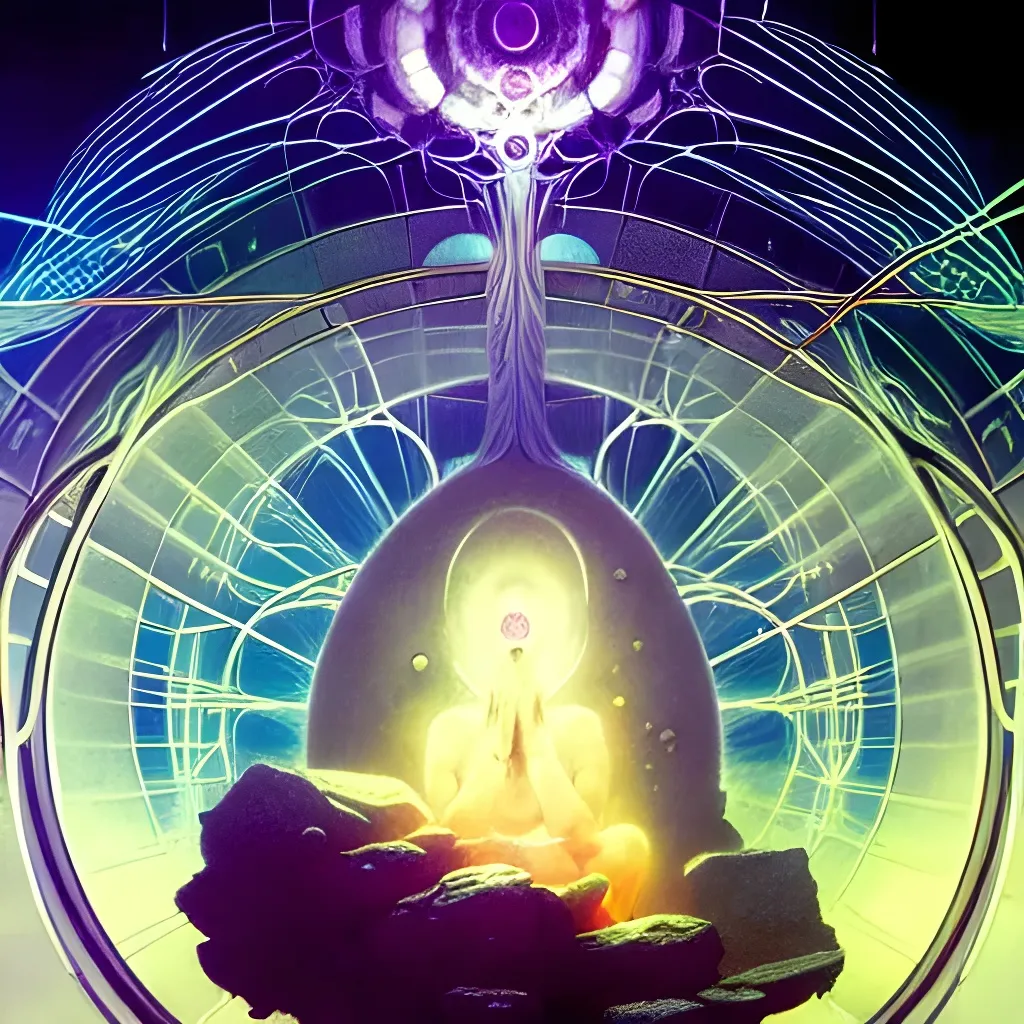 Prompt: god,high depth, inside fractals!! calm, healing, resting, life, hybrids, scifi, glowing lights!!, published concept art, mixed medias, image overlays, sharp focus, thin glowing wires, winning illustration, art by greg rutkowski and alphonse mucha, singularity!!!, 3 6 0 projection