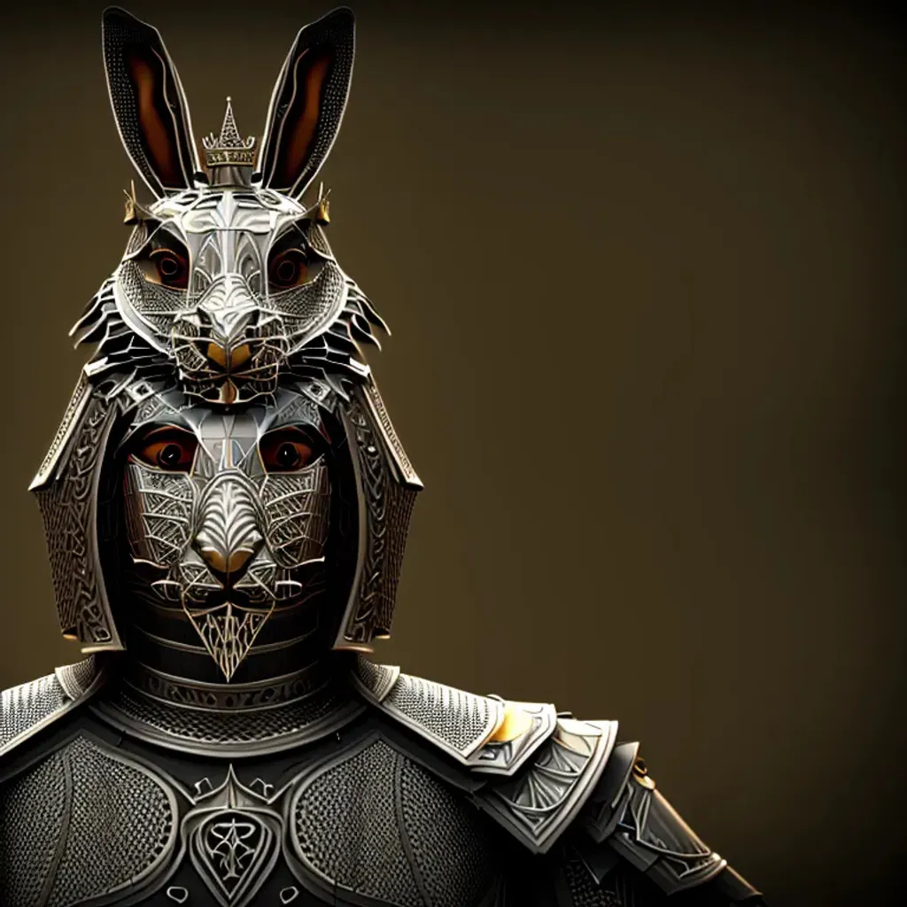 Prompt: Anthropomorphic majestic rabbit king, portrait, (((symmetrical))), finely detailed house stark armor, cinematic lighting, intricate filigree metal design, 4k, 8k, unreal engine, octane render, carbon, cyborg, engraved, , (((midjourney v4 style))), (((Artstation)))