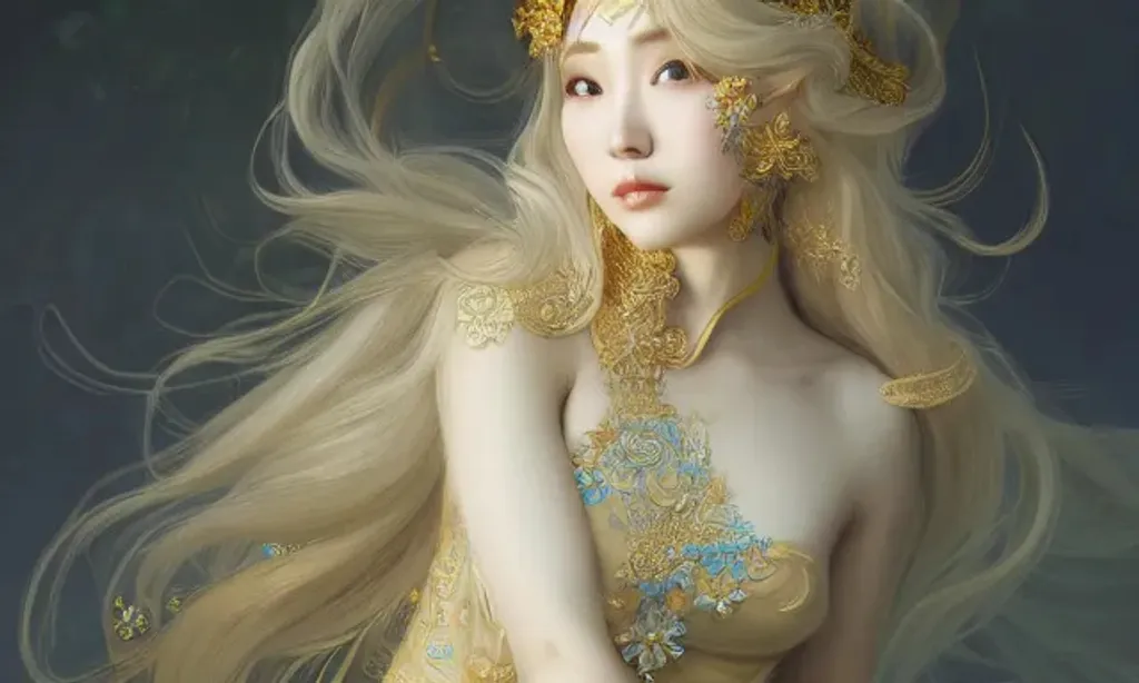 Prompt: a realistic feminine elegant ethereal princess with intricately decorated traditional korean costume, blonde balayage wild hair, royal vibe, highly detailed, digital painting, Trending on artstation , HD quality, by artgerm and greg rutkowski and alphonse mucha, dramatic light, octane