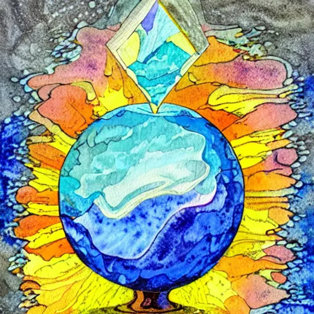 Prompt: a 1988 watercolor and ink and acrylic pour illustration of an intricate and faceted crystal ball with a world inside of it + impasto + dissolving in to light + prism + god rays + dramatic lightning + backlit + specular + caustics