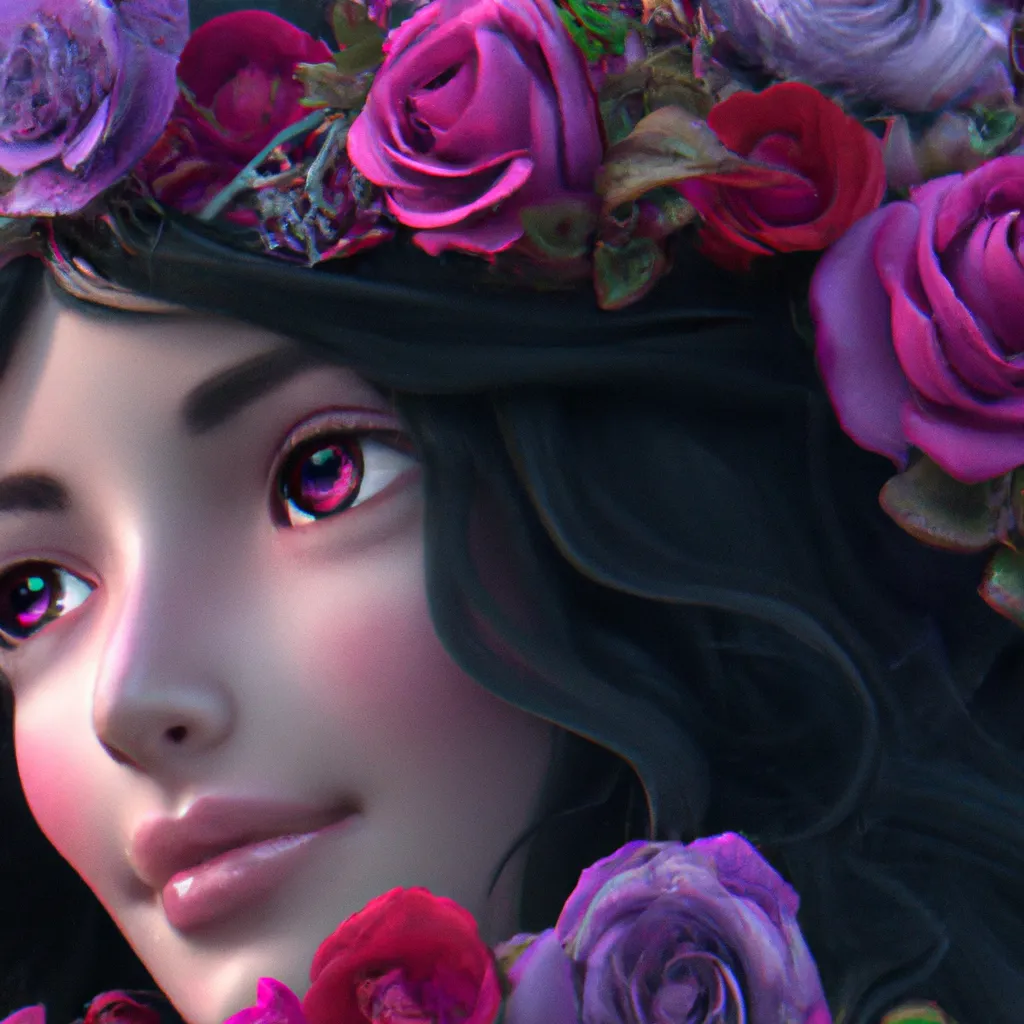 Prompt: The most beautiful rose goddess. Very attractive, georgeous eyelashes, roses all around, enthralling, Pretty and lovely looking, head and chest, 8k resolution concept art portrait by Greg Rutkowski, Artgerm, WLOP, Alphonse Mucha dynamic lighting hyperdetailed intricately detailed Splash art trending on Artstation triadic colors Unreal Engine 5 volumetric lighting