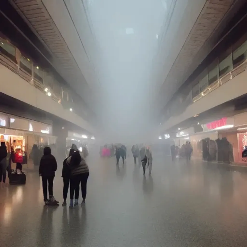 Prompt: liminal space mall with people in the fog