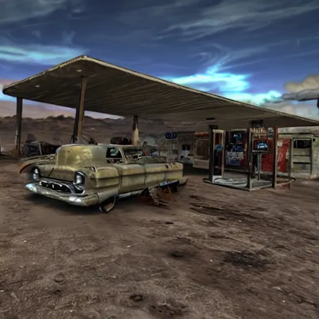 Prompt: Apocalyptic desert Nevada, Fallout game, gas station