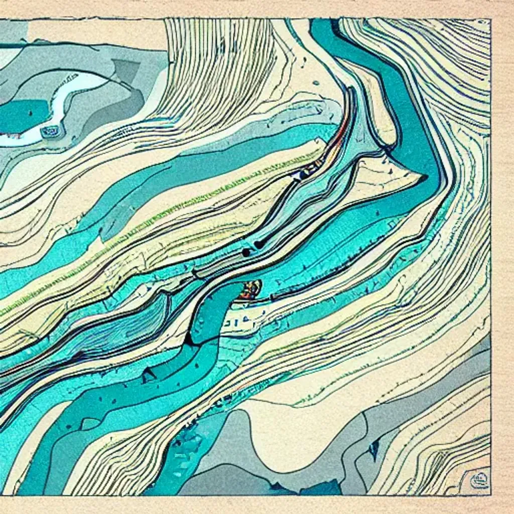 Prompt: Map of rivers and streams, Illustrated and abstract, muted with pops of colour, linework, old looking