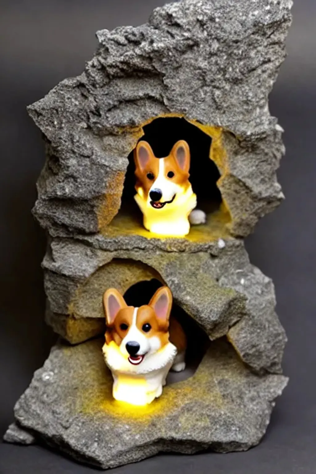 Prompt: corgi made from cracked stone, geode crystals inside, inside dark cave, glowing crystals