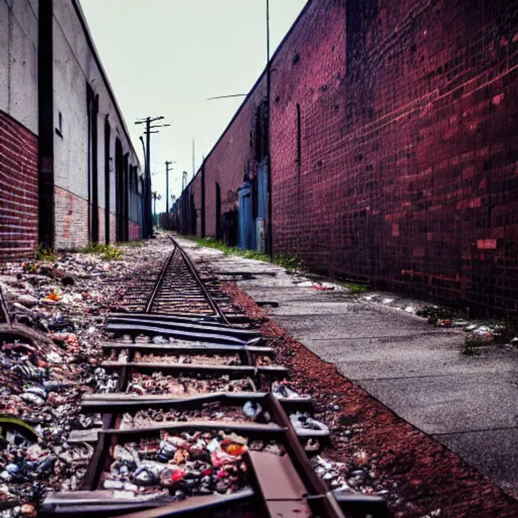 Prompt: abandoned railway in city alley, concrete ground with garbage, brick buildings, low light