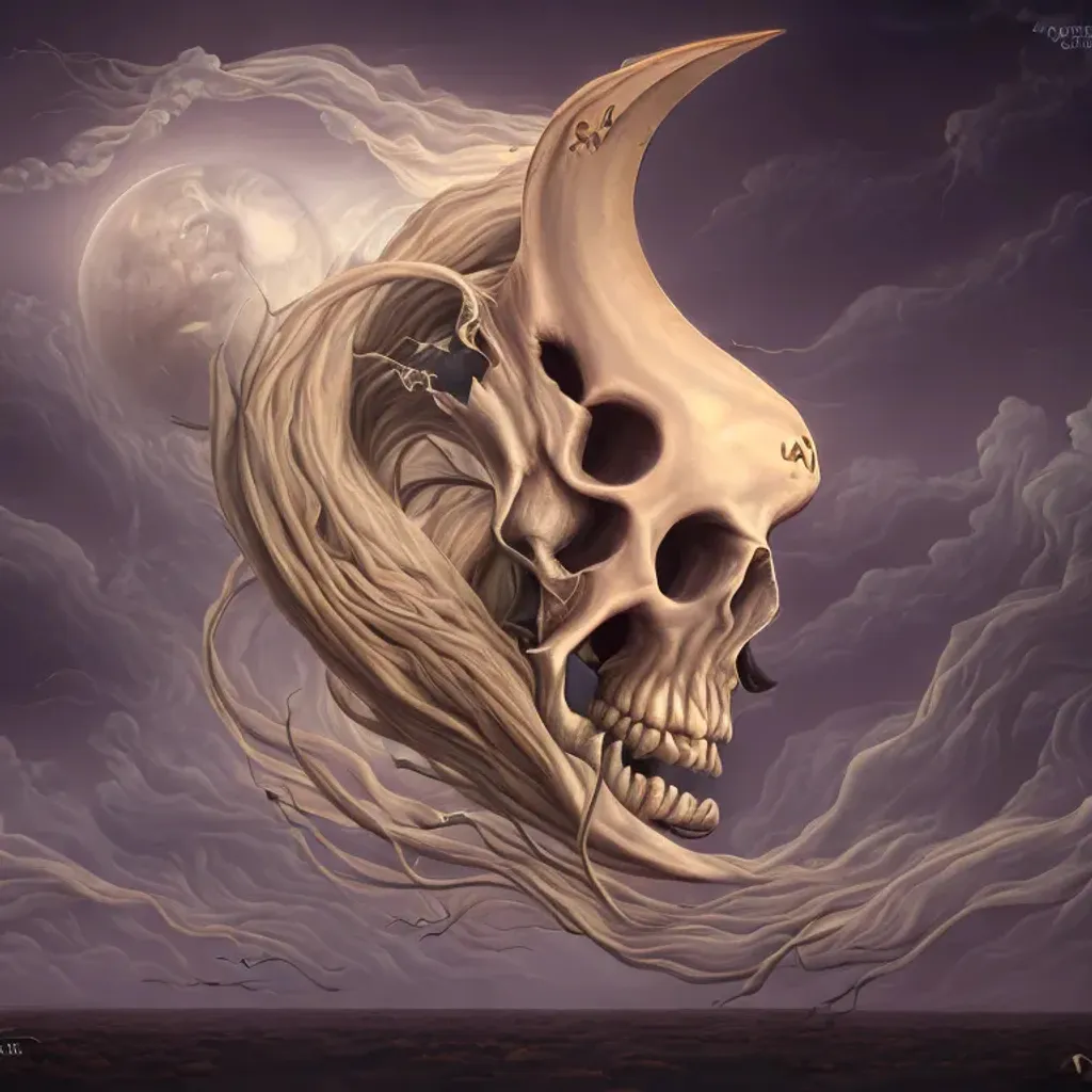 Prompt: , a bone horse head skull in the middle of a tornado, portrait,  centered , moon   , artstation, concept art, reallistic, artgerm, tomasz alen kopera, peter mohrbacher,leyendecker, wlop, boris vallejo, realtime reflection, octane, unreal engine 5