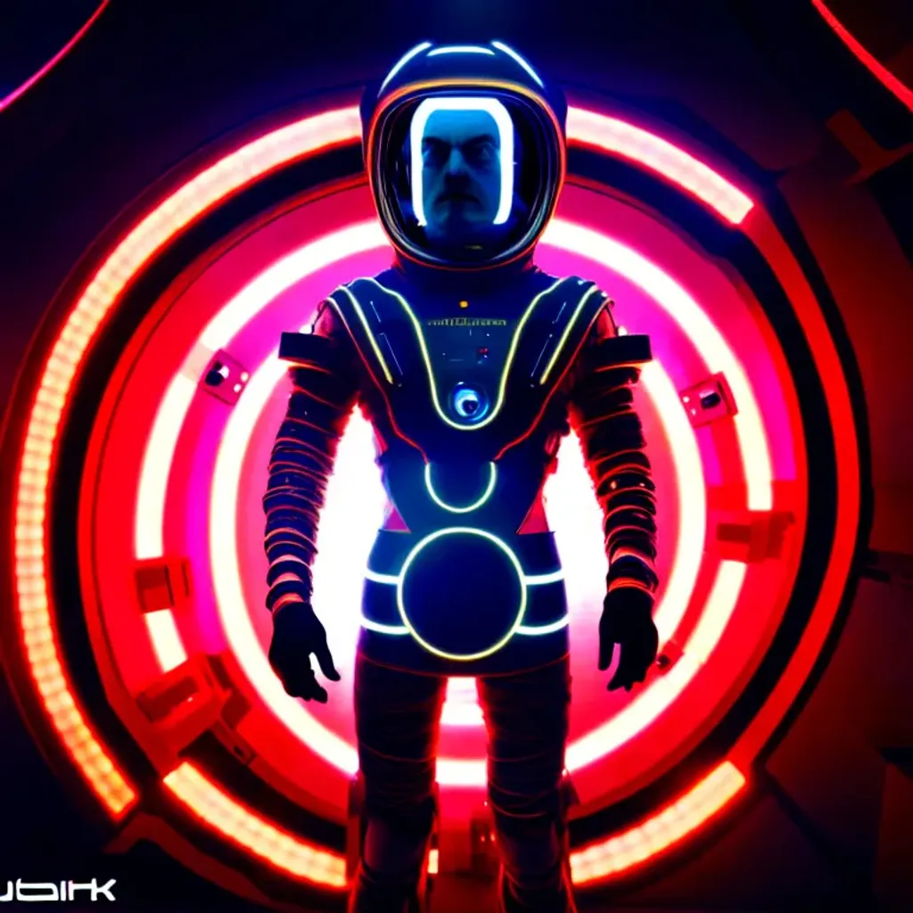 Prompt: a Futuristic Cyberpunk Space Suit, facing towards the camera with swagger,Cinematic Stanley Kubrick movie still with the iconic big circular ring lights in the background, 8K, digital art, unreal engine 5 render, octane render, photorealistic, photography, professional lighting and composition, award winning, intricate details, iconic movie shot by Stanley Kubrick with ring lights