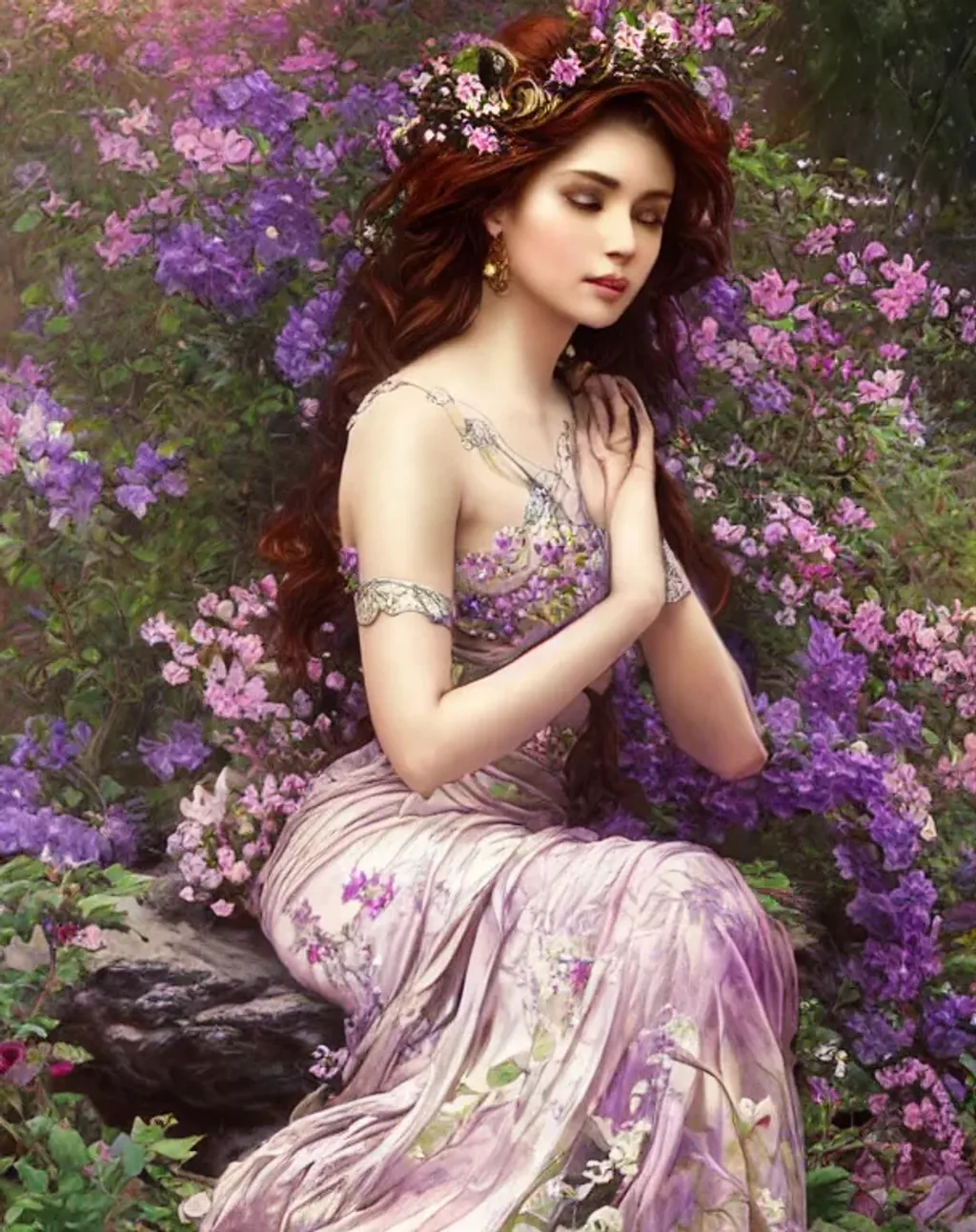 Prompt: a realistic feminine elegant ethereal princess with intricately decorated purple kebaya clothes, auburn balayage wild hair, seated on a rock bench in a beautiful flower garden, highly detailed, digital painting, Trending on artstation , HD quality, by artgerm and greg rutkowski and alphonse mucha, dramatic light, octane